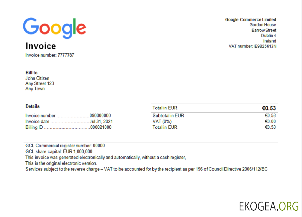 Modèle de facture Google aux États , Unis